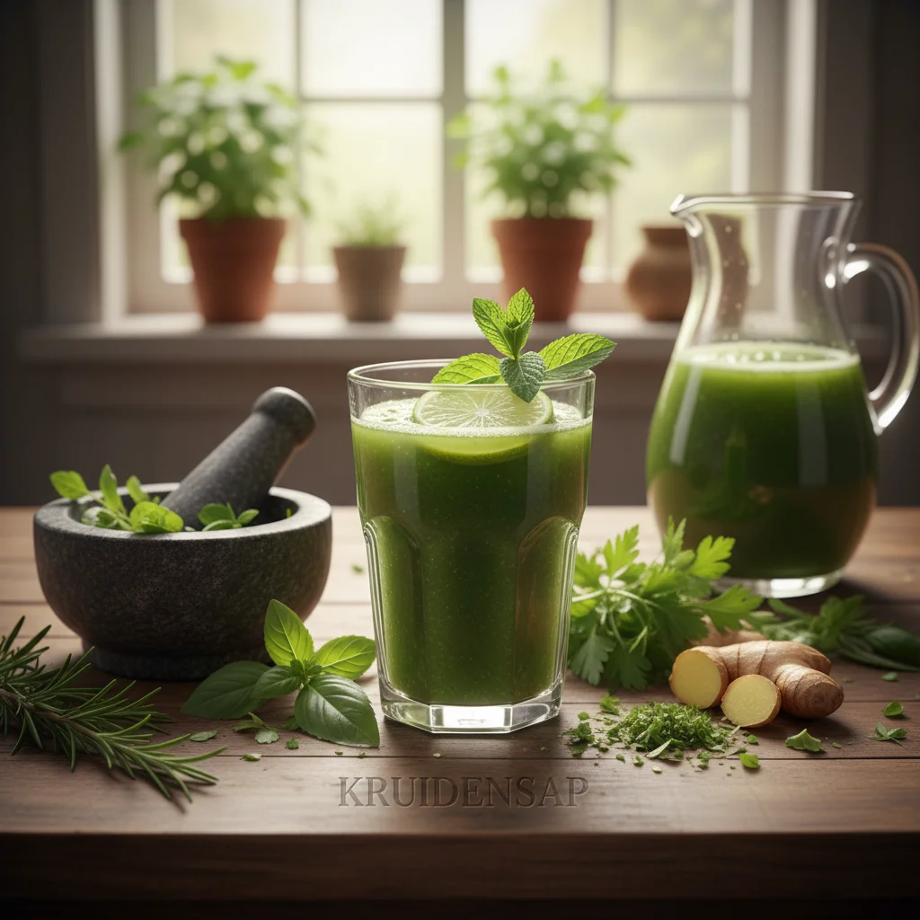 Glas met groen drinken en kruiden